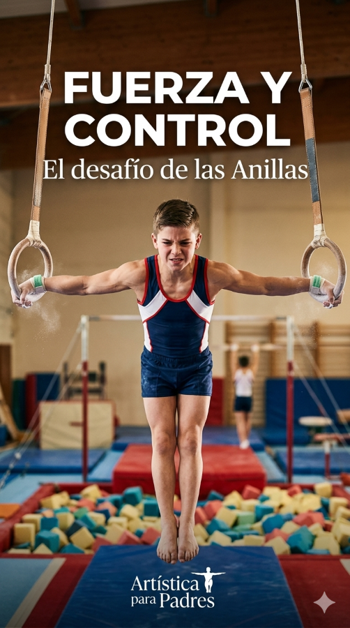 Imagen de acción en formato vertical de un niño gimnasta realizando una suspensión o un cristo en las anillas.